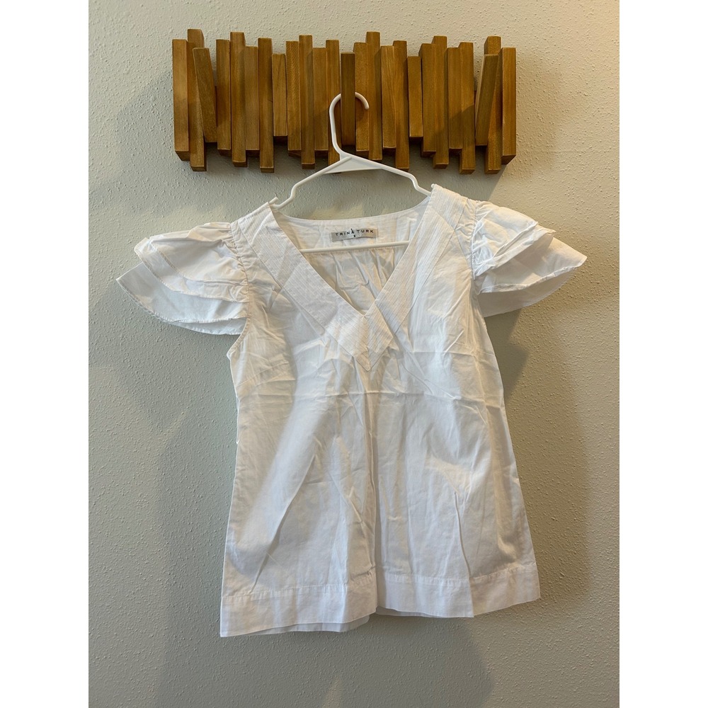 Trina Turk White Flutter Sleeve V Neck Blouse Top Women's Size S